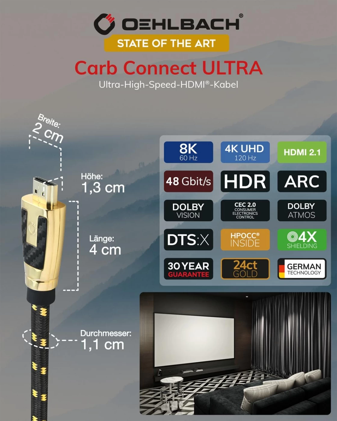 OEHLBACH Art. No. 11443 Carb Connect 2.1 Ultra Hi Speed 2.2m HDMI KABELIS
