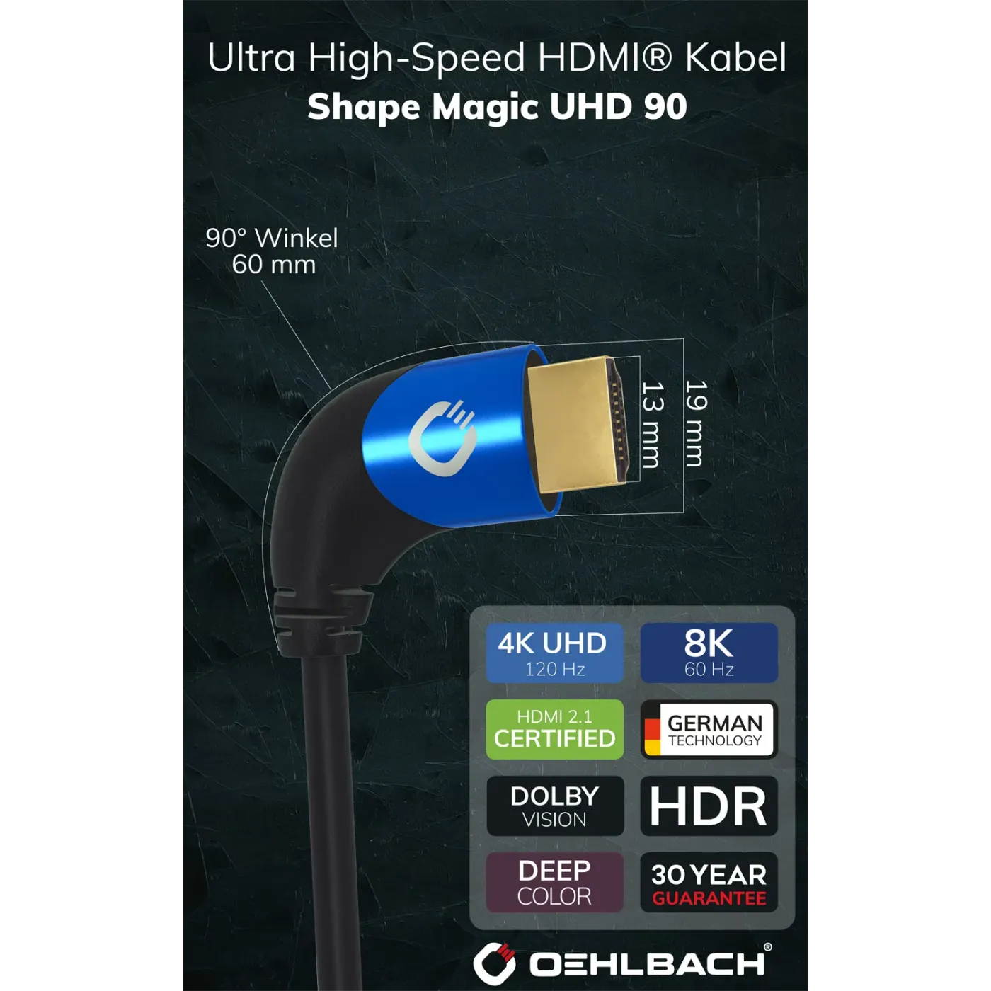 OEHLBACH Art. No. 42542 Shape Magic 90 UHD HDMI Cable 2.0m HDMI KABELIS