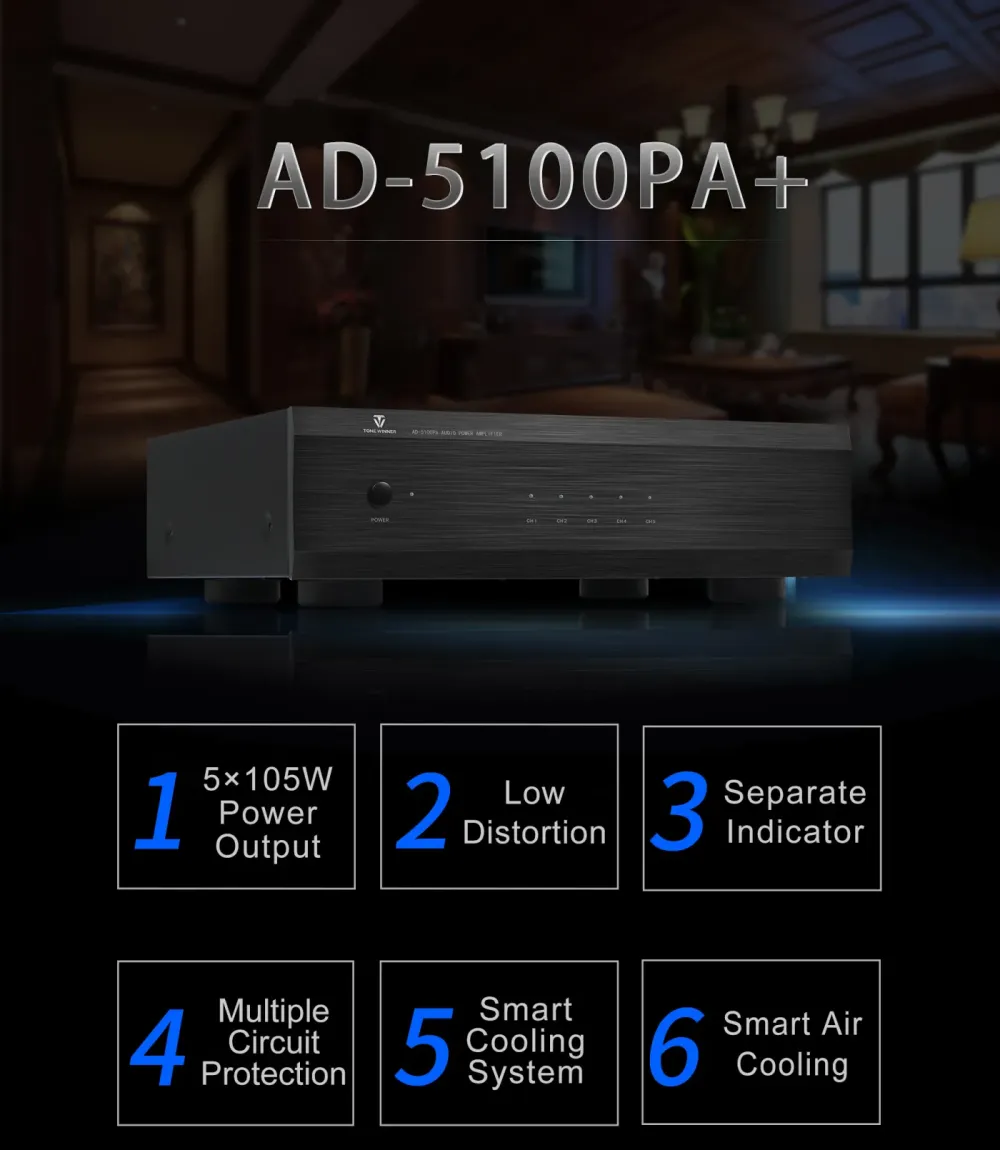 TONEWINNER AD-5100PA+ BLACK 5 KANĀLU JAUDAS PASTIPRINĀTĀJS